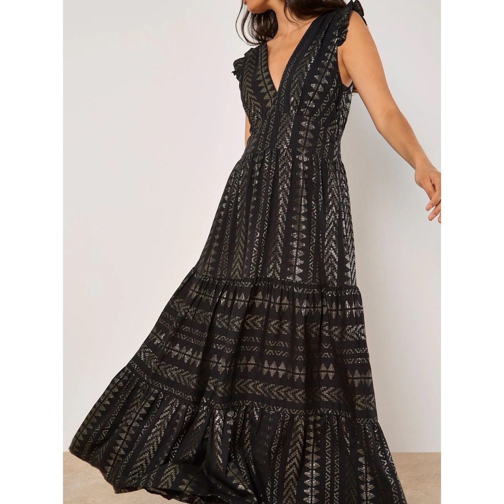 CK Bradley Andrews Dress Black Gold Metallic Tiered Maxi Flutter Sleeve Size L